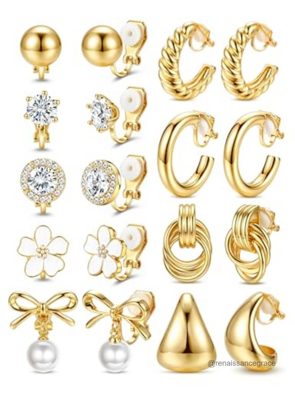 9 Pairs Clip On Earrings Gold Plated Cubic Zirconia Non Pierced Hoop Stud Set
